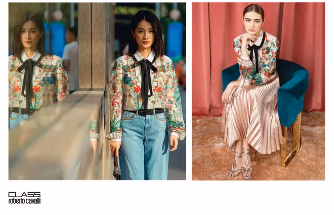 Chiếc áo sơ mi đơn giản nhưng không kém phần thanh lịchcủa Cavalli Class tiêu tốn của người đẹp 13 triệu đồng.