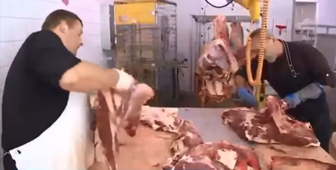 Thịt bò được cắt theo từng bộ phận bằng máy móc hiện đại, chuyên nghiệp.