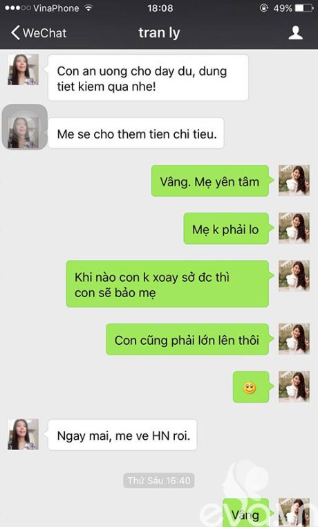 Đoạn tin nhắn Linh Miu cung cấp để cho biết gia đình cô hoàn toàn có khả năng hỗ trợ con gái nhưng cô từ chối.