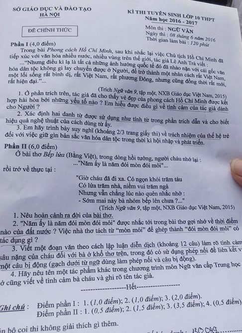 De thi va goi y loi giai mon Ngu van thi vao lop 10 HN