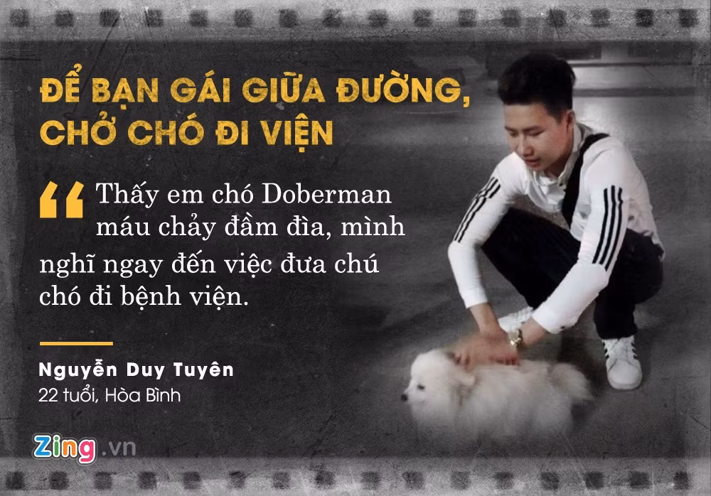 Đêm 21/8, trong lúc mọi người bỏ đi khi chứng kiến chú chó Doberman bị đâm vào cổ, Nguyễn Duy Tuyên (22 tuổi, Hòa Bình) đã sẵn sàng để lại bạn gái trên đường, đưa "người bạn nhỏ" đi bệnh viện. Hành động này của anh khiến dân mạng khen ngợi, khâm phục. Ảnh: Linh Bella.