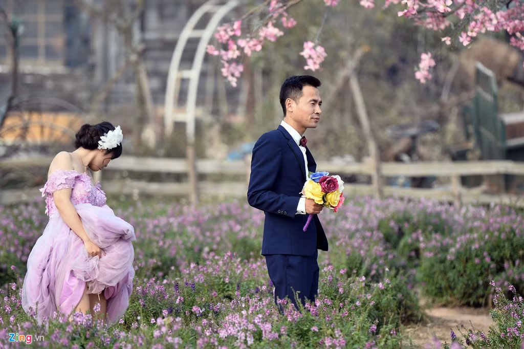 Chàng tạo dáng xong, nàng còn đang vướng váy vào hoa.