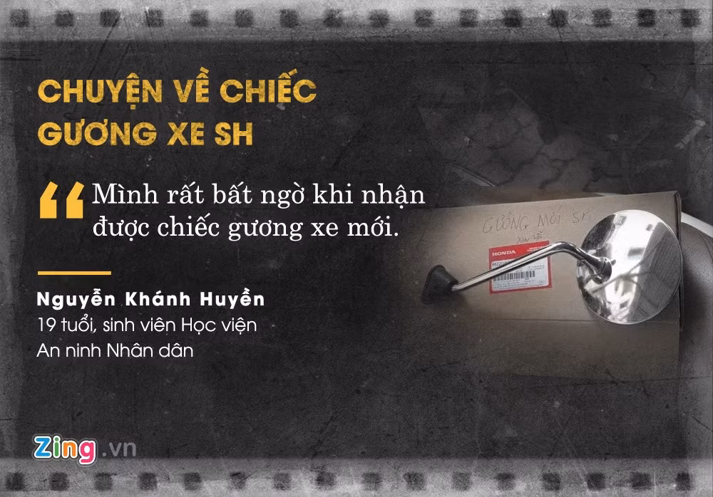Câu chuyện xe SH bị gãy một bên gương ở bãi đỗ công cộng thu hút sự chú ý của dân mạng ngày 1/10. Nguyễn Khánh Huyền (19 tuổi, sinh viên Học viện An ninh Nhân dân) - chủ nhân xe máy - chia sẻ cô bất ngờ khi nhận được chiếc gương mới gửi kèm lời xin lỗi từ người lỡ làm gãy. Ảnh: Khánh Huyền.
