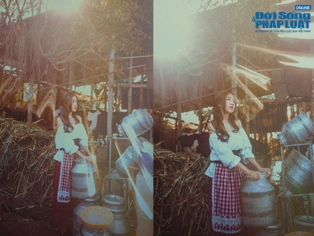 Trông Elly Trần không khác gì một nàng công chúa Lọ Lem, đặc biệt ở phần trang phục. Cô diện váy áo mang phong cách đồng quê với tay bèo trễ vai, chân váy dài và nịt bụng da. Bộ trang phục đơn giản khoe trọn những lợi thế ngoại hình của Elly như nước da trắng, vòng eo thon đáng ghen tị.