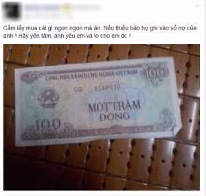 Anh có hẳn tờ 100 đồng cực hiếm luôn, em cứ tiêu đi. (Ảnh: FB)