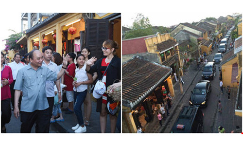 Đoàn công tác của Thủ tướng không hề ngồi trên xe ô tô khi tham quan phố cổ mà tất cả đều đi bộ gần 1 km trên các tuyến đường.