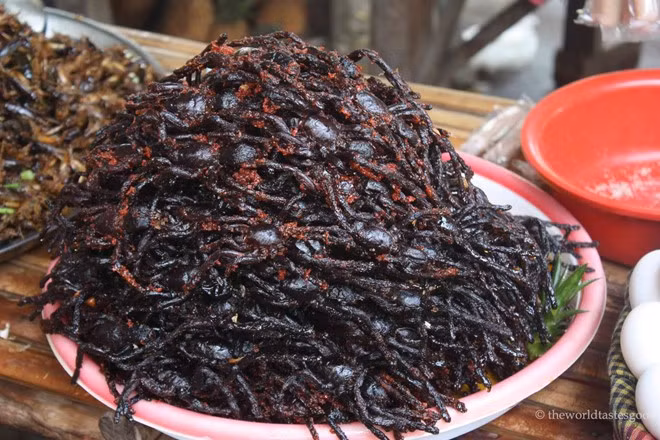 Côn trùng chiên, Campuchia: Du khách có thể bắt gặp những hàng bán côn trùng chiên ở khắp mọi nơi của Campuchia. Những chú bọ cạp, dế, châu chấu, nhện được xiên vào que, chiên giòn là món ăn hấp dẫn và giàu dinh dưỡng. Tuy vậy, không phải ai cũng dám ăn chúng. Ảnh: Theworldtastesgood.