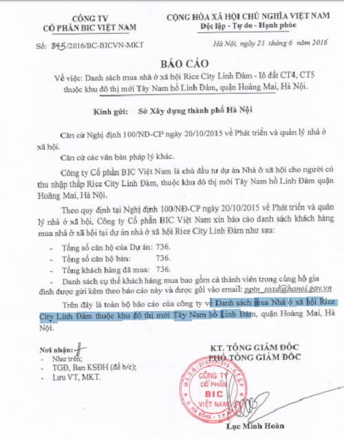 Trong danh sách 736 người mua nhà ở NƠXH Rice City Linh Đàm do công ty BIC VN gửi Sở Xây Dựng Hà Nội có bà Hoàng Thị Thanh Vân (vợ ông Lục Minh Hoàn - Phó TGĐ BIC VN) và bà Nguyễn Thị Vinh (mẹ vợ ông Lục Minh Hoàn)
