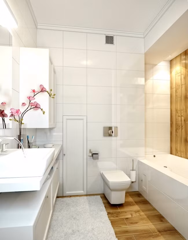 3. Màu trắng làm chủ đạo Màu trắng mang vẻ tươi sáng và thoáng mát, cùng với màu pastel sẽ khiến phòng tắm của bạn có ấn tượng nhẹ nhàng, thông thoáng, khiến không gian như rộng hơn.