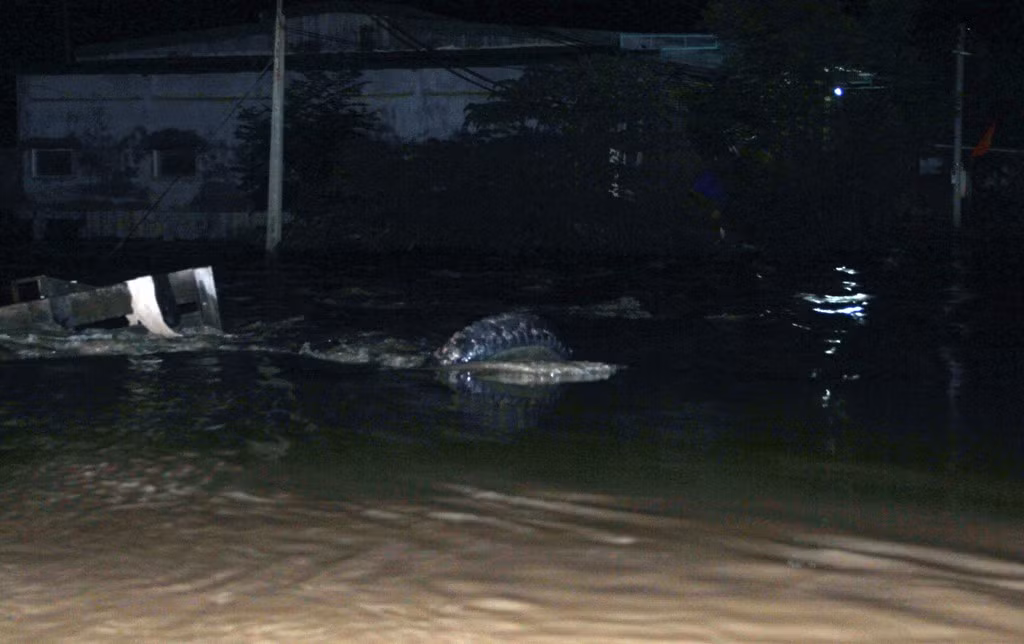 Bánh của một xe máy cày nổi lên sau khi bị nước cuốn trôi.Chiều 27/6, 14 người dân tại xã Ia Rốt di chuyển trên máy cày tại tỉnh lộ 1 thuộc thôn 9 bị nước cuốn trôi.Xe bị lật nghiêng, cả 14 người rơi xuống nước nhưng rất may lực lượng cứu hộ đưa được lên bờ an toàn.