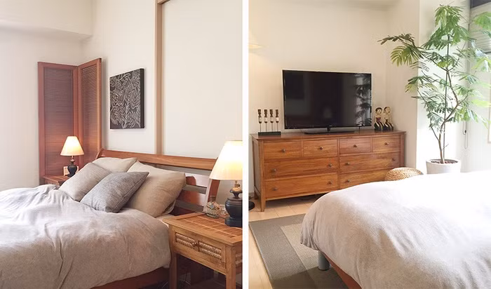 Phòng ngủ được bố trí ở không gian riêng tư, đảm bảo sự yên tĩnh và tách biệt với các khu vực khác. Phòng ngủ được bố trí đơn giản với giường và tủ đựng tivi. Một chút điểm xuyết từ cây xanh sẽ giúp căn phòng nghỉ ngơi trong lành, tươi tắn hơn.