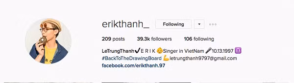 Instagram cũng đổi lại thành erikthanh_ và không quên để tên Erik ở profile.