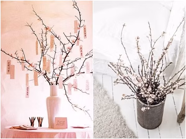 Những cành đào với số lượng vừa phải thừa sức khoe sắc dù có ở trên bàn hay dưới đất.