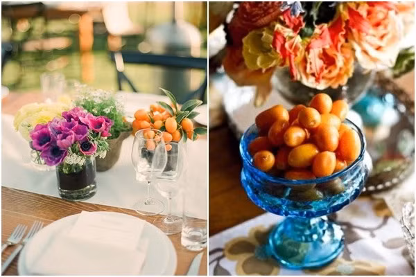 Ngoài những ý tưởng nêu trên, chúng ta còn có thể dùng quất để trang trí bằng cách bày quả quất ra đĩa, bát hay đặt chậu quất lên bàn làm việc, bàn uống nước thay vì chỉ để dưới đất. Tận dụng quả quất thừa để trang trí cho bàn phòng khách thêm đẹp.