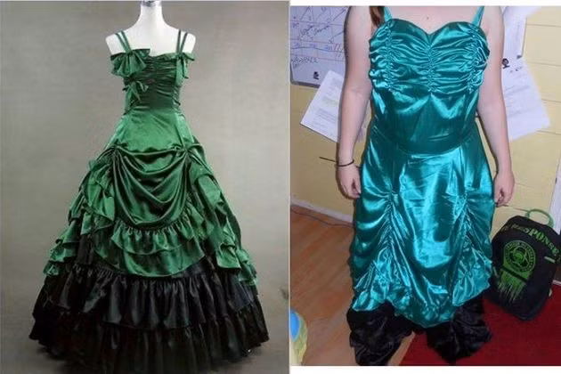 Hai chiếc váy này khác "một trời một vực" từ màu sắc cho đến kiểu dáng. Những chi tiết như bèo nhún hay xếp tầng đều tệ đến mức người mua có thể không muốn nhìn vào gương.