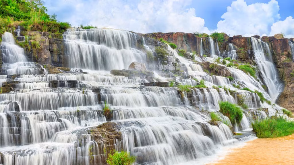 Thời gian gân đây, thác Pongour nổi lên như một địa điểm check-in được nhiều bạn trẻ yêu thích. Ngọn thác đổ xuống từ độ cao hơn 40 m và trải dài trên 100 m nhìn như dải lụa phủ trắng xóa cả một vách núi. Cùng với thác Pongour, du khách có thể tham quan làng hoa Vạn Thành, cà phê Mê Linh, nhà máy dệt tơ tằm, trang trại nuôi dế, thác voi, chùa Linh Ẩn trong hành trình tour.