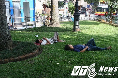 Khu vực vườn hoa có cỏ xanh và râm mát nên nhiều người đã tranh thủ ra đây ngủ trưa.