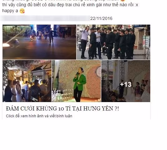 Mới đây trên trang Facebook cá nhân có tên T.V.Đ đã đăng tải những hình ảnh đám cưới cực kì hoành tráng thu hút được sự chú ý của nhiều người. Ngay sau đó, hình ảnh của đám cưới này nhanh chóng được một số trang fanpage có hàng nghìn lượt người theo dõi chia sẻ lại. Theo thông tin được cư dân mạng chia sẻ, đám cưới được đầu tư trang trí, chuẩn bị từ ngày 15 đến ngày 19/11/2016 với quy mô hoành tráng, trang trí từ ngoài cổng làng đến nhà chú rể. Có khoảng 50 thanh niên mặc đồng phục làm nhiệm vụ đảm bảo an ninh. Tiếp đón khách từ xa là những người hóa trang thành Pikachu và một dàn lễ tân "chân dài".