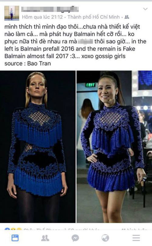 Một tín đồ sành thời trang đã đăng tải những dòng chia sẻ thẳng thắn, nhằm đá xoáy bộ cánh của Thu Minh không phải là hàng chính hãng.