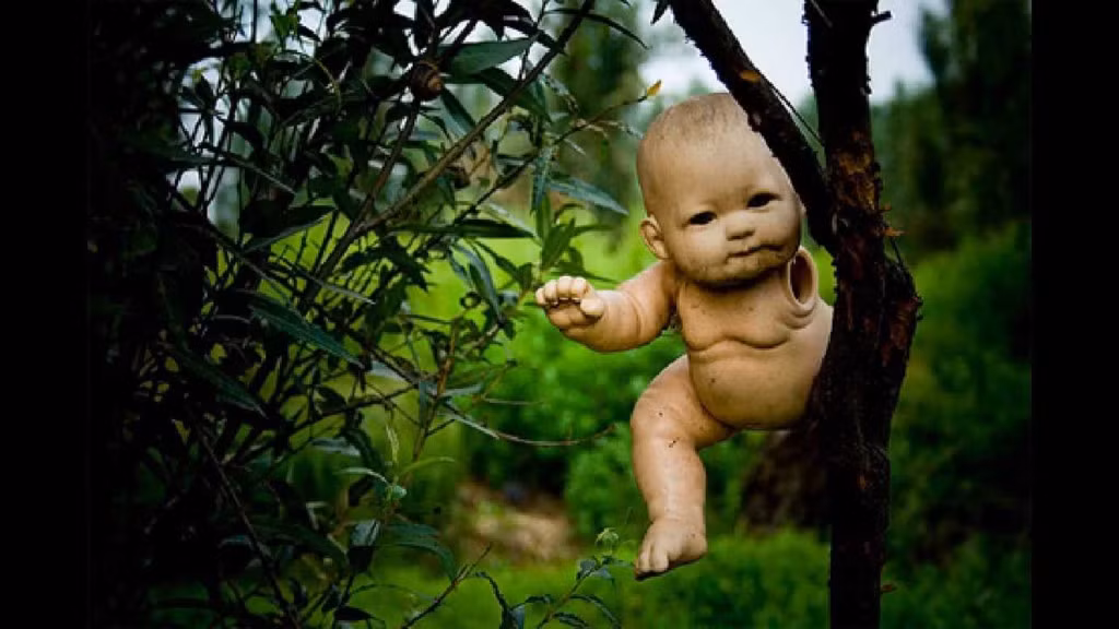 Đảo búp bê, Mexico: Người canh giữ hòn đảo, Julian, tìm thấy một cô bé chết đuối ở kênh đào với con búp bê nổi lên gần đó. Ông treo con búp bê lên một thân cây để tưởng nhớ cô. Sau đó, ông bị ám ảnh về danh tính của cô bé và tiếp tục treo búp bê lên cây trong suốt 50 năm, cho tới khi chết ở đúng nơi cô bé chết đuối. Ảnh: VirtualInsanity15/Youtube.