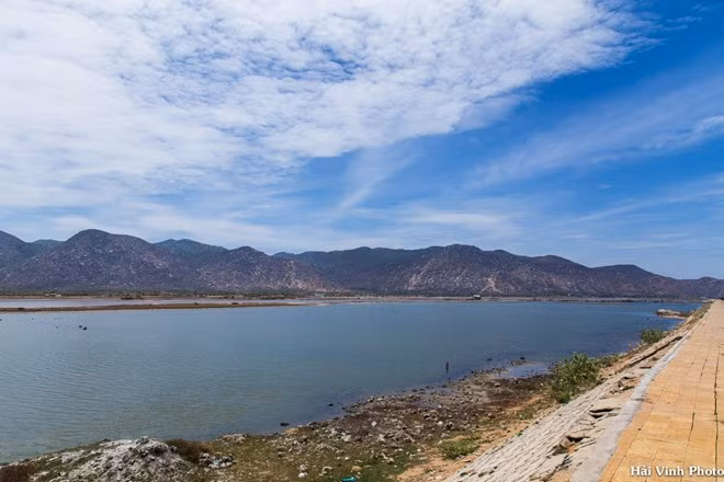 Dọc hai bên đường là những cánh đồng muối của diêm dân, phía xa là những dãy núi hùng vĩ án ngự.