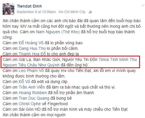 Trong lời cảm ơn gửi tới những người đã giúp Tiến Đạt hoàn thành MV mới, anh có nhắc tới người yêu tin đồn. (Ảnh chụp màn hình)