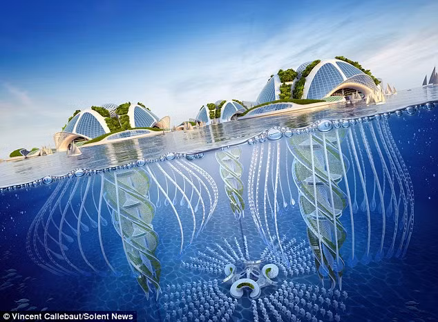 Đỉnh của các tòa nhà nằm trên mặt nước, trong khi phần thân nằm hoàn toàn dưới nước.