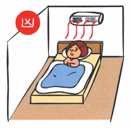12. Điều hòa ngay trên chốc đầu giường Với kiểu thiết kế này, không khí lạnh sẽ thổi thẳng về phía cơ thể của bạn và đặc biệt là khi bạn đang ngủ, lỗ chân lông sẽ nở ra, từ đó dễ dàng gây bệnh như cảm lạnh, cứng cơ và đau đầu.