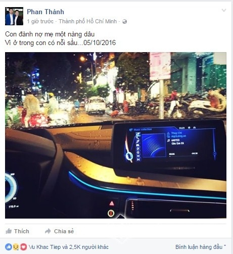 Trong khi Midu hạnh phúc trong ngày sinh nhật, vui vẻ thì Phan Thành đăng một status mang đầy tâm trạng. Phan Thành chia sẻ: "Con đành nợ mẹ một nàng dâu. Vì ở trong con có nỗi sầu... 05/10/2016". Lời chia sẻ ngắn gọn của Phan Thành cũng đủ để cho mọi người hiểu tâm trạng của anh. Bởi ngày sinh nhật của người Phan Thành yêu thì anh không thể ở bên được. Dẫu bao nhiêu lần đi chăng nữa, vị thiếu gia này vẫn không thuyết phục được Midu làm vợ mình, làm con dâu của mẹ anh.