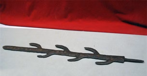 2. Thanh kiếm 7 ngạnh Đền thờ Isonokami của đạo thần Nhật Bản được xây dựng vào năm thứ 4 sau Công nguyên dưới chân núi Tenri ở tỉnh Nara, Nhật Bản. Ngôi đền này là nơi cất giữ một số báu vật quốc gia, bao gồm thanh kiếm huyền thoại Nanatsusaya no Tachi hay còn được gọi là ‘thanh kiếm 7 ngạnh’. Thanh kiếm được vua Geunchogo của Baekje, một vương quốc cổ ở tây nam Hàn Quốc, cống nạp nhiều báu vật cho Đông Tấn. Nó được dùng trong nghi lễ chứ không phải cho chiến đấu.