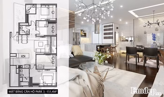  Không gian phòng khách: Thiết kế tổng thể căn hộ chung cư. KTS chọn màu trắng là gam màu chủ đạo cho toàn bộ căn nhà từ đèn trần đến thảm trải sàn, tường nhà...