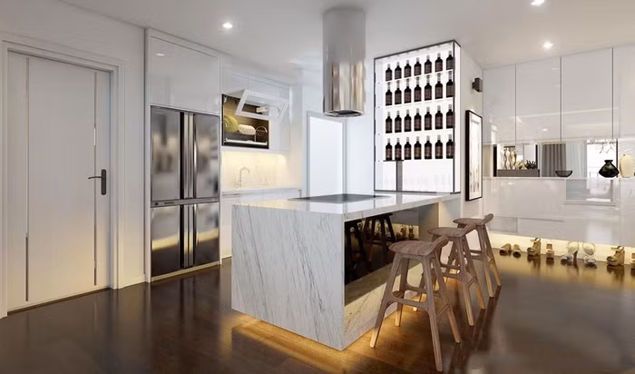  Không gian phòng bếp: Phòng bếp của căn hộ thiết kế mở với tủ âm tường tiết kiệm tối đa diện tích. Ở giữa bếp là quầy chế biến thức ăn tạo điều kiện cho tất cả các thành viên có thể tham gia vào việc nấu nướng cho gia đình.