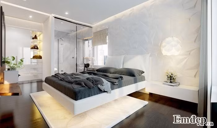  Không gian phòng ngủ: Phòng ngủ của gia chủ với tường ốp 3D, nội thất trắng thật sang trọng và quý tộc.