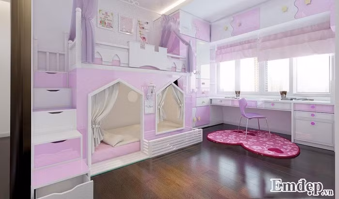Phòng ngủ dành cho bé gái như 1 vườn cổ tích thu nhỏ. Tông màu tím, trắng là chủ đạo kích thích trí não bé phát triển. Ở đây, thiết kế giường tầng cho trẻ tiết kiệm diện tích và tạo nên sự cá tính.