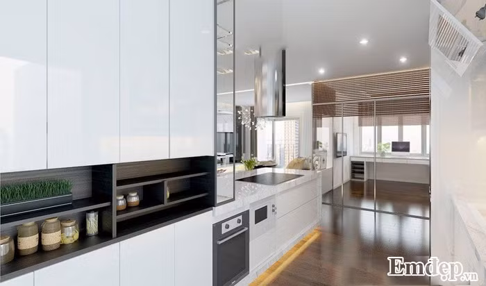 Sắp xếp và lưu trữ trong không gian bếp gọn gàng nhờ tủ bếp âm.