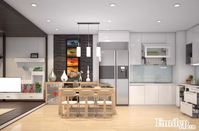  Phòng bếp: Ở phòng bếp, KTS tính toán kỹ lưỡng để đảm bảo tam giác bếp (Tủ lạnh - Chậu rửa - Bếp nấu) cho thuận tiện trong khi sử dụng. Hút mùi gia chủ chọn loại kính phẳng dễ lau, độ ồn thấp. - Giá úp bát được thiết kế để trên chậu rửa chất liệu inox, chậu rửa có phần chờ róc nước trước khi chế biến. Giá úp bát sử dụng loại giá bát thông minh. - Giá dao thớt để bên cạnh chậu rửa để tiện sử dụng làm 1 khoang riêng để kéo ra khi sử dụng và đẩy vào khi không cần tới. - Giá xoong nồi 3 ngăn kéo để xoong nồi xếp thứ tự dưới nồi to, trên nồi bé. Giá gia vị, để cạnh bếp nấu và chia nhiều ô nhỏ để có thể để nhiều đồ gia vị nhỏ.