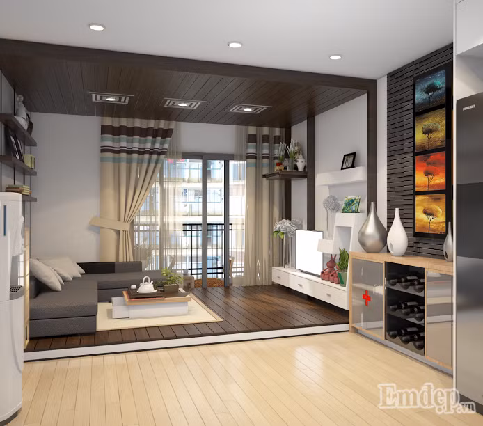  Thiết kế phòng khách: Ý tưởng với phòng khách của ngôi nhà sang trọng: KTS tư vấn ốp gỗ sàn và trần tạo thành một khu phòng khách riêng biệt. Đèn ốp sát trần theo phong cách Nhật Bản đầy cá tính.