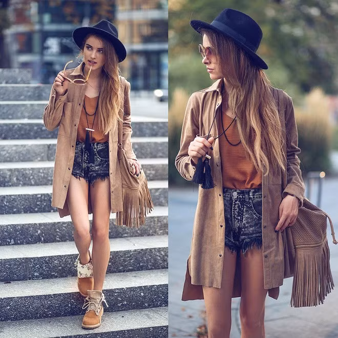 Ton sur ton áo khoác và phụ kiện da lộn như giày, túi xách cũng là gợi ý mặc đẹp thú vị cho mùa thu này.