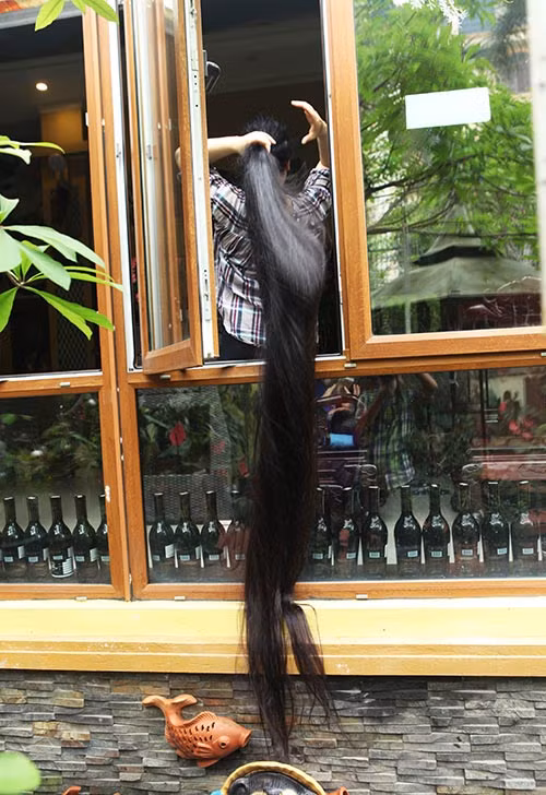 Chị Lan đứng bên của sổ xõa mãi tóc xuống bên dưới, mỗi khi chị cầm tay vuốt lên, vuốt xuống mái tóc mềm mại như những đợt sóng nhẹ nhàng. Trước đó, với mái tóc dài 2,4m, chị Lan được Tổ chức Kỷ lục Guinness Việt Nam trao xác lập là người phụ nữ có mái tóc dài và thẳng nhất Việt Nam, ngày 27/10/2012.