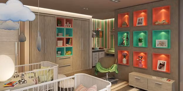 Những bức tường thường là phần thú vị nhất khi trang trí phòng ngủ cho trẻ, bạn có thể biến chúng thành những bức tranh khổ lớn với chủ đề phong phú, màu sắc tươi sáng.