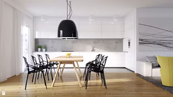 Những chiếc ghế thiết kế hình học của nhà thiết kế Konstantin Grcic giúp phòng ăn này phù hợp với một trong những xu hướng nổi bật nhất hiện nay.