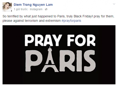 Á hậu Diễm Trang thể hiện sự hoang mang trước sự việc "Thứ Sáu đen tối", đồng thời gửi lời cầu nguyện đến người dân nước Pháp.