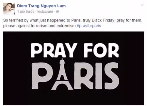 Á hậu Diễm Trang thể hiện sự hoang mang trước sự việc "Thứ Sáu đen tối", đồng thời gửi lời cầu nguyện đến người dân nước Pháp.