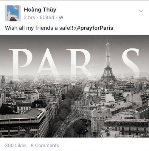 Người mẫu Hoàng Thùy cầu nguyện cho Paris và những người bạn của cô tại Kinh đô thời trang.