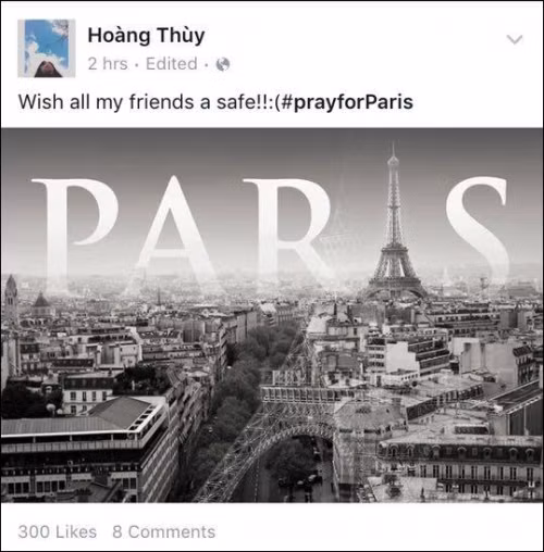 Người mẫu Hoàng Thùy cầu nguyện cho Paris và những người bạn của cô tại Kinh đô thời trang.