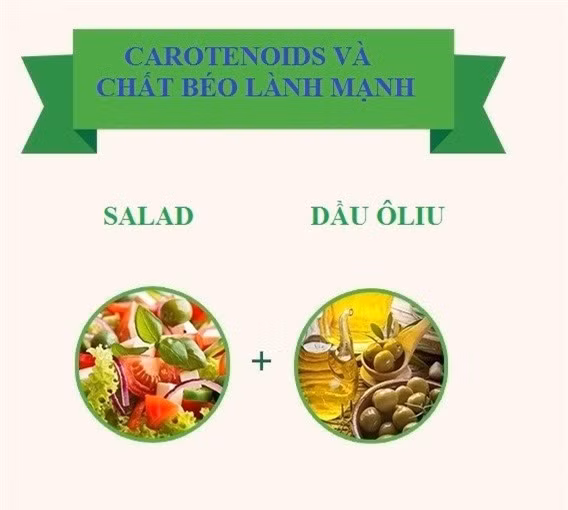 Các chất béo lành mạnh trong dầu oliu giúp cơ thể hấp thụ carotenoids gấp 3 lần, bao gồm lycopene, beta-carotene và chất chống oxy hóa có trong món salad rau củ quả. Carotenoids là một loại sắc tố thực vật giúp tăng cường sức khỏe và giảm nguy cơ bệnh tật.