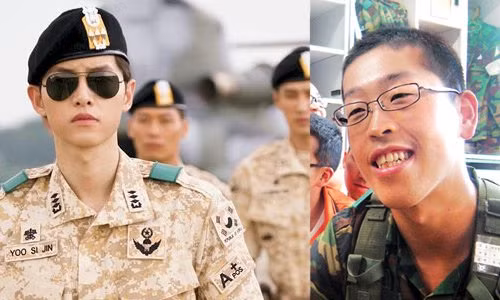 "Soái ca" Song Joong Ki trong phim (ảnh trái) và hình ảnh người lính Hàn ngoài đời (ảnh phải).
