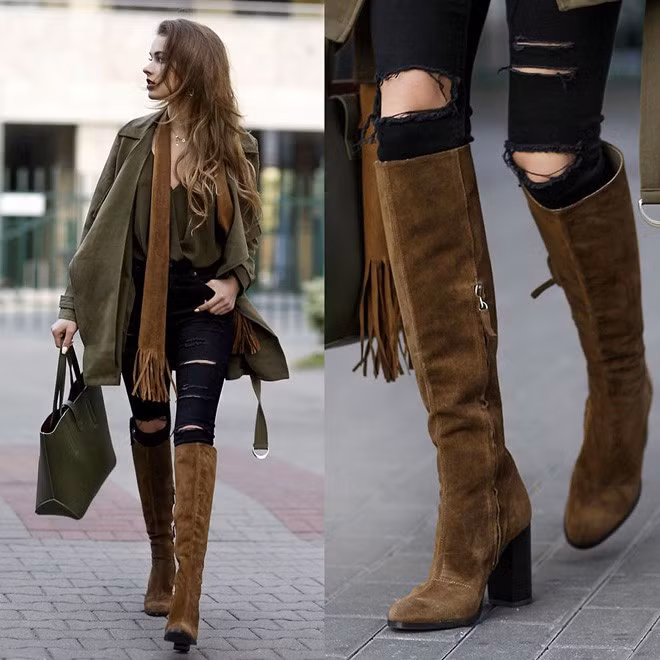 Xanh quân đội và nâu da lộn là sự kết hợp đồng điệu để mang lại phong cách vừa sành vừa quyến rũ.