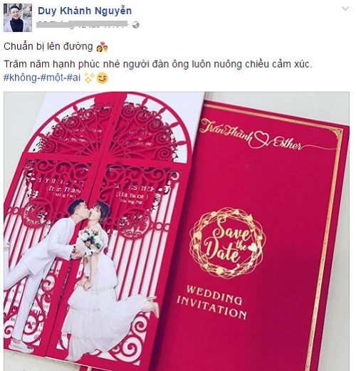 Điều khiến cộng đồng mạng quan tâm hơn cả là lời chúc phúc được nhiều người cho rằng, hàm chứa đựng ấn ý khó hiểu của diễn viên trẻ Duy Khánh – “người tình đồng giới tin đồn” của Trấn Thành khi chuẩn bị lên đường đến dự đám cưới của cặp đôi. “Trăm năm hạnh phúc nhé người đàn ông luôn nuông chiều cảm xúc” – Duy Khánh viết.