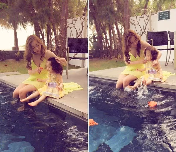 Hai mẹ con Elly Trần ra hồ bơi, Cadie thích thú nghịch nước vô cùng phấn khích.